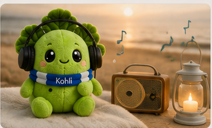 Kohli mit Kopfhörern neben einem Radio und einer Laterne im Sand